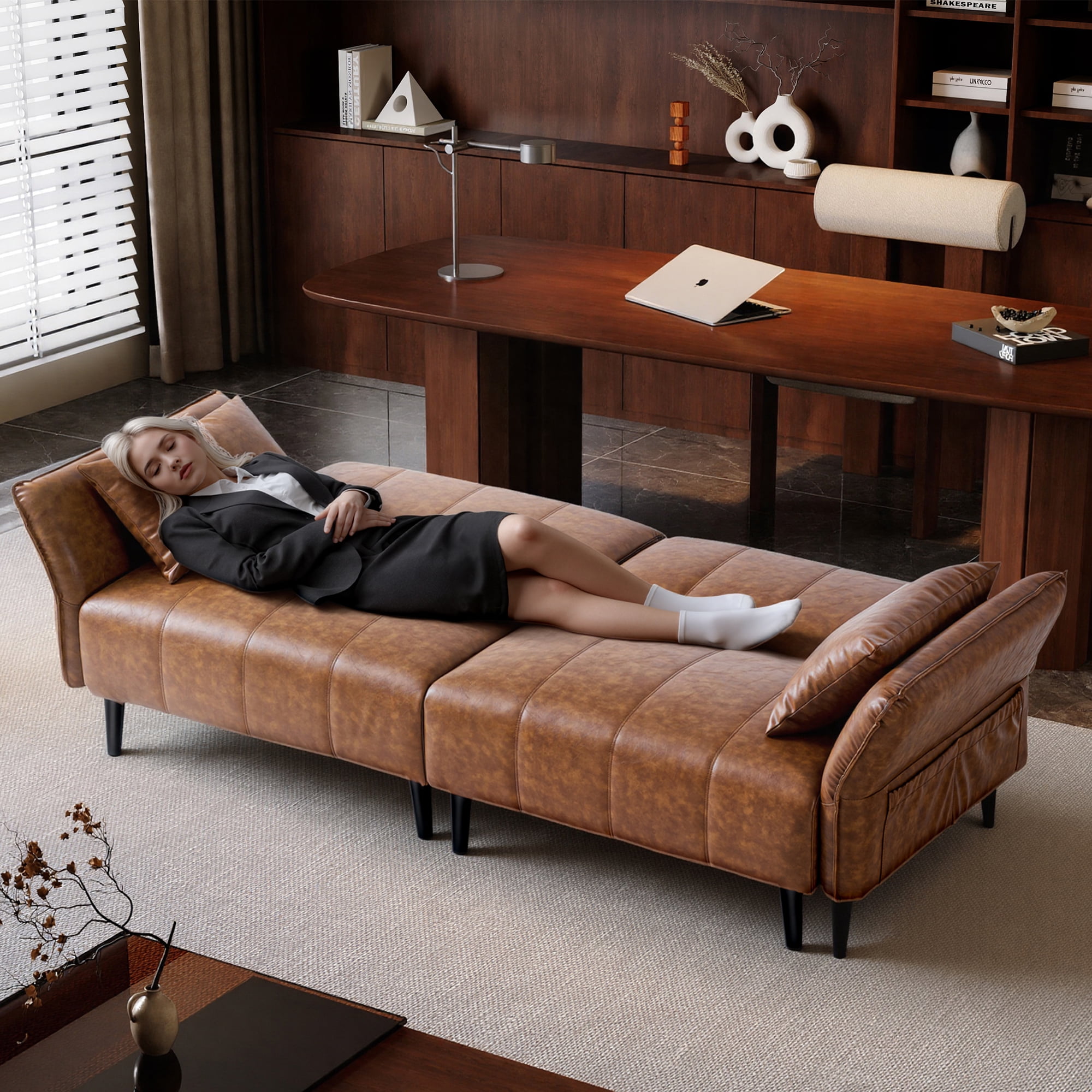 83" Faux Leather Sofa,Mid Century Modern Convertible Futon Sofa Bed Loveseat with Adjustable Armrest and Backrest,2 Pillows for Living Room,Office,Brown