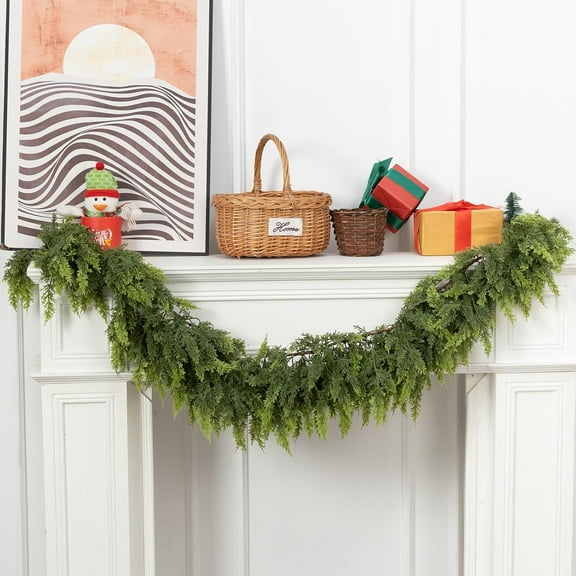 Guvpev 6FT Artificial Cedar Christmas Garland for Indoor Outdoor Holiday Decor, Real Touch Winter Cypress Garlands, Realistic Pine Greenery Garland, Thick & Lush for Christmas, Mantel, Table, Porch