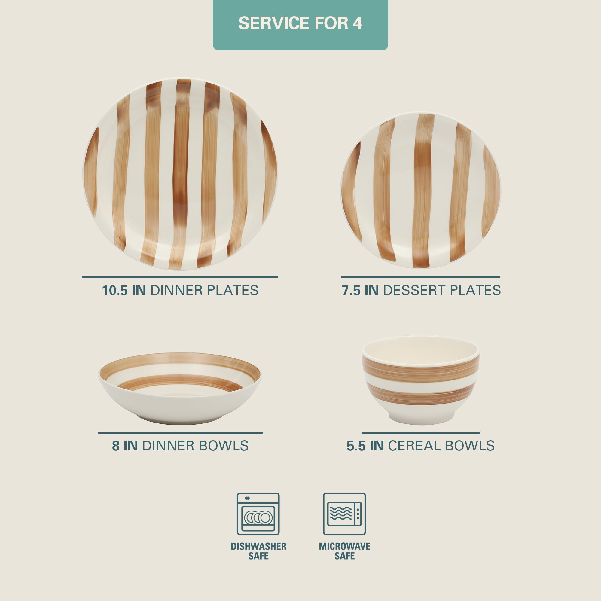 Gibson Home Kenwood Shores 16 Piece Stoneware Dinnerware Set, Hand-Painted Plates and Bowls, Service for 4 - Brown Striped