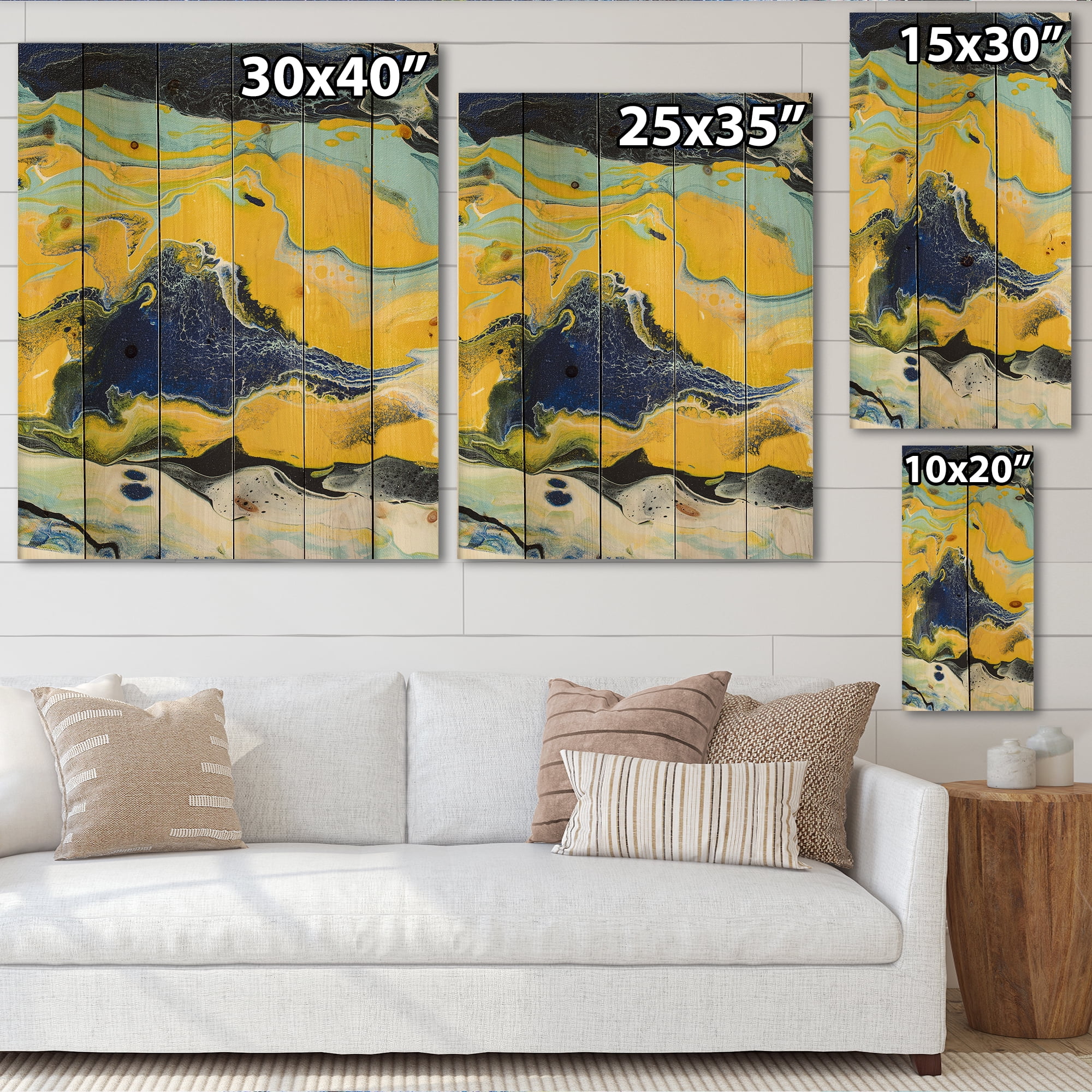 Designart 'Abstract Marble Composition In Blue and Yellow I' Modern Print on Natural Pine Wood