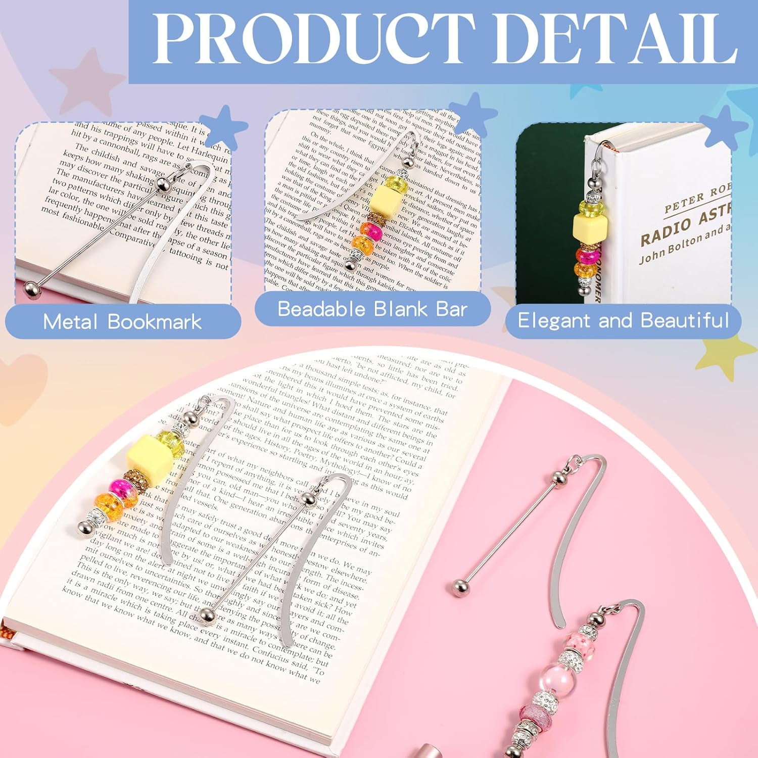 ABPETE 20 Pcs Beadable Bookmarks DIY Metal Blank Bar Bookmark for Beads Modern Bead Craft Jewelry Pendant Charm Gift for Book Lovers Student Teacher Office Supplies(Silver)