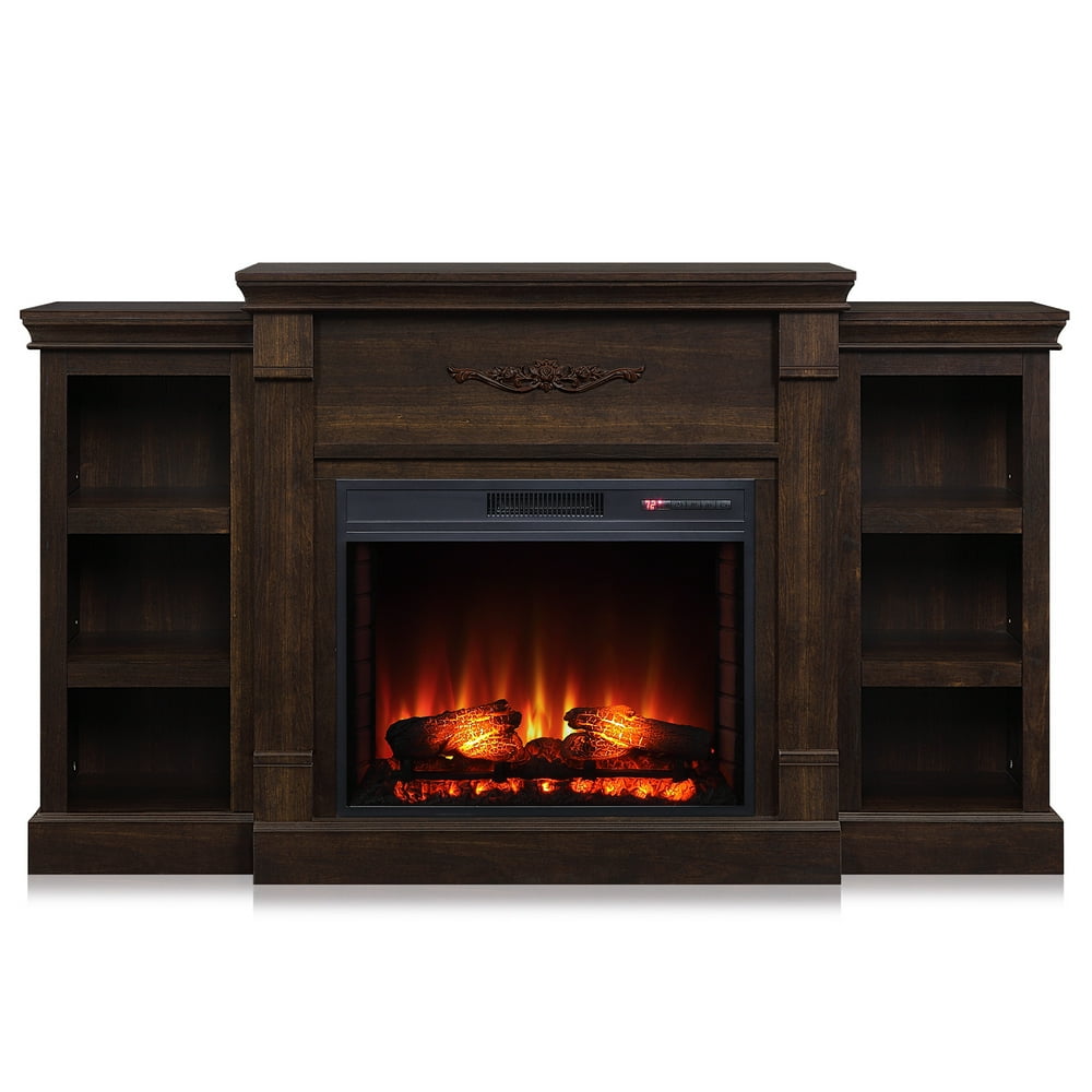 BELLEZE 70" Mantel Brown Electric Fireplace with 6 Bookcases Walmart