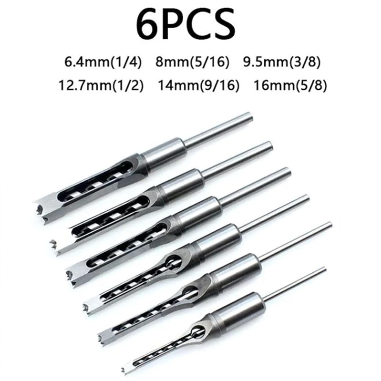 Woodworking Square Hole Drill Bits, 4pcs/6pcs Square Hole Mortise Chisel Drill Bit Tools, 1/4, 5/16, 3/8,1/2, 9/16, 5/8 Wood Mortising Chisel Set for Machines (6pcs)
