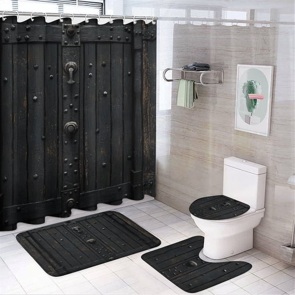 Vintage Wooden Door Shower Curtain 4 Piece Set Rug Toilet Lid Cover And Non-Slip U Shape Mat Wooden Barn Door Vintage Waterproof Durable Bathroom Decor Shower for Bathroom Decor