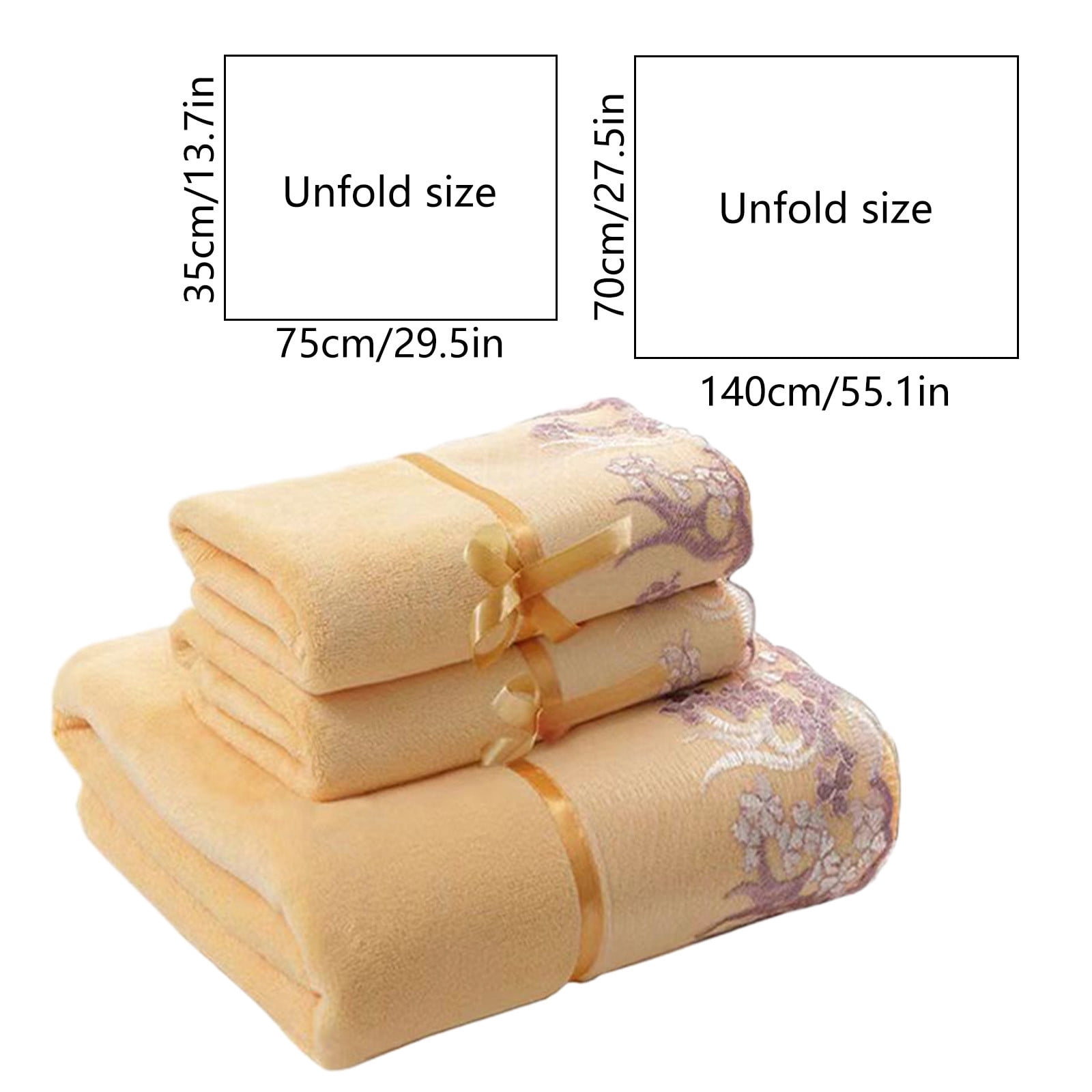 3-Piece Embroidered Bath Towel Set - Soft Absorbent Cotton Gift Towels with Lace Trim for Spa/Bathroom (Yellow)​