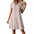 thumbnail image 3 of Laqbezok Women's V-Neck Short Sleeve Dress, Casual Cotton Linen Feel A-Line Sundress, Textured Solid Color Shift Dress with Back Zipper, 3 of 9