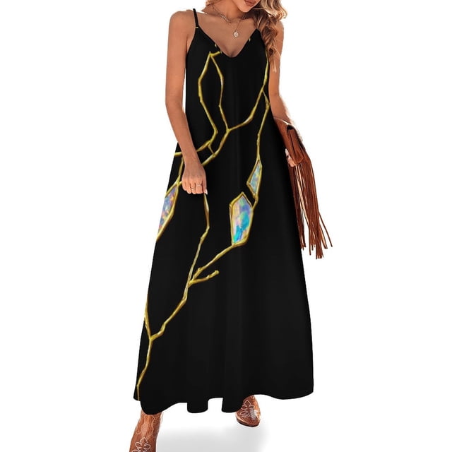 Vestido sin mangas con relleno de ópalo y kintsugi dorado, vestido sexy, vestidos de noche, vestidos para mujer 2024