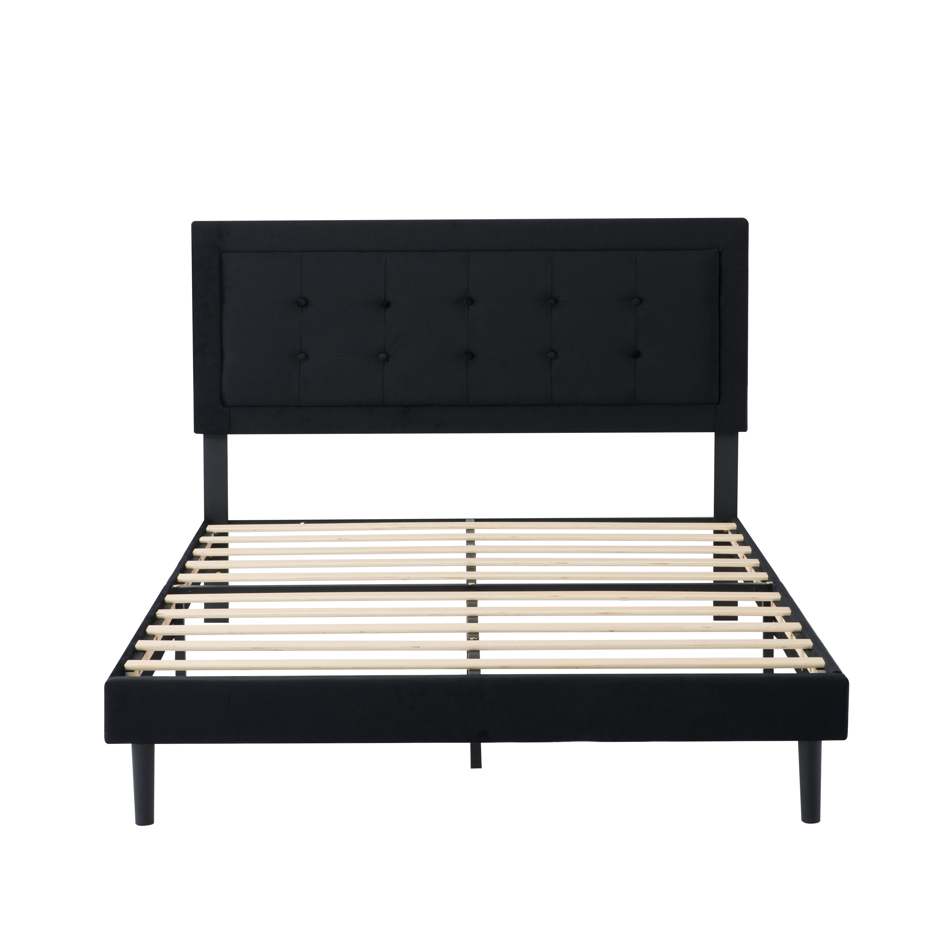 Gewnee Full Size Platform Bed Frame, Velvet Square Tufted Upholstered Headboard, Wood Slats with Center Support Leg, Easy Assembly, Bedroom Furniture, Black