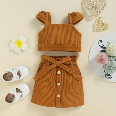 

kpoplk Christmas Outfits For Girls Summer Toddler Girls Sleeveless Ribbed Vest Tops And Bowknot Skirt Outfits(Khaki)
