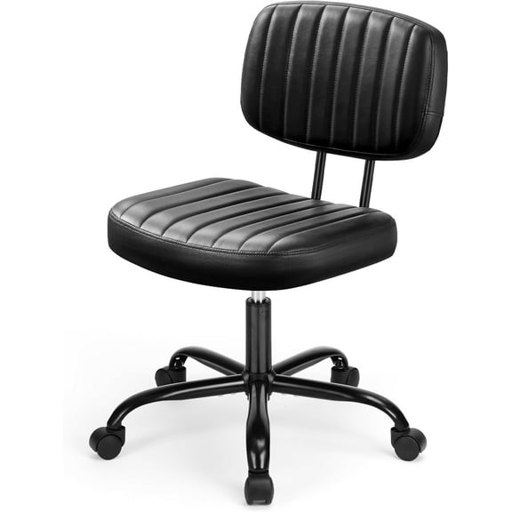 Armless Office Chair, Swivel Rolling PU Leather Vanity Chair with Back Lumbar Support Height Adjustable Computer Chair, Small Desk Chair for Home Office (Black)