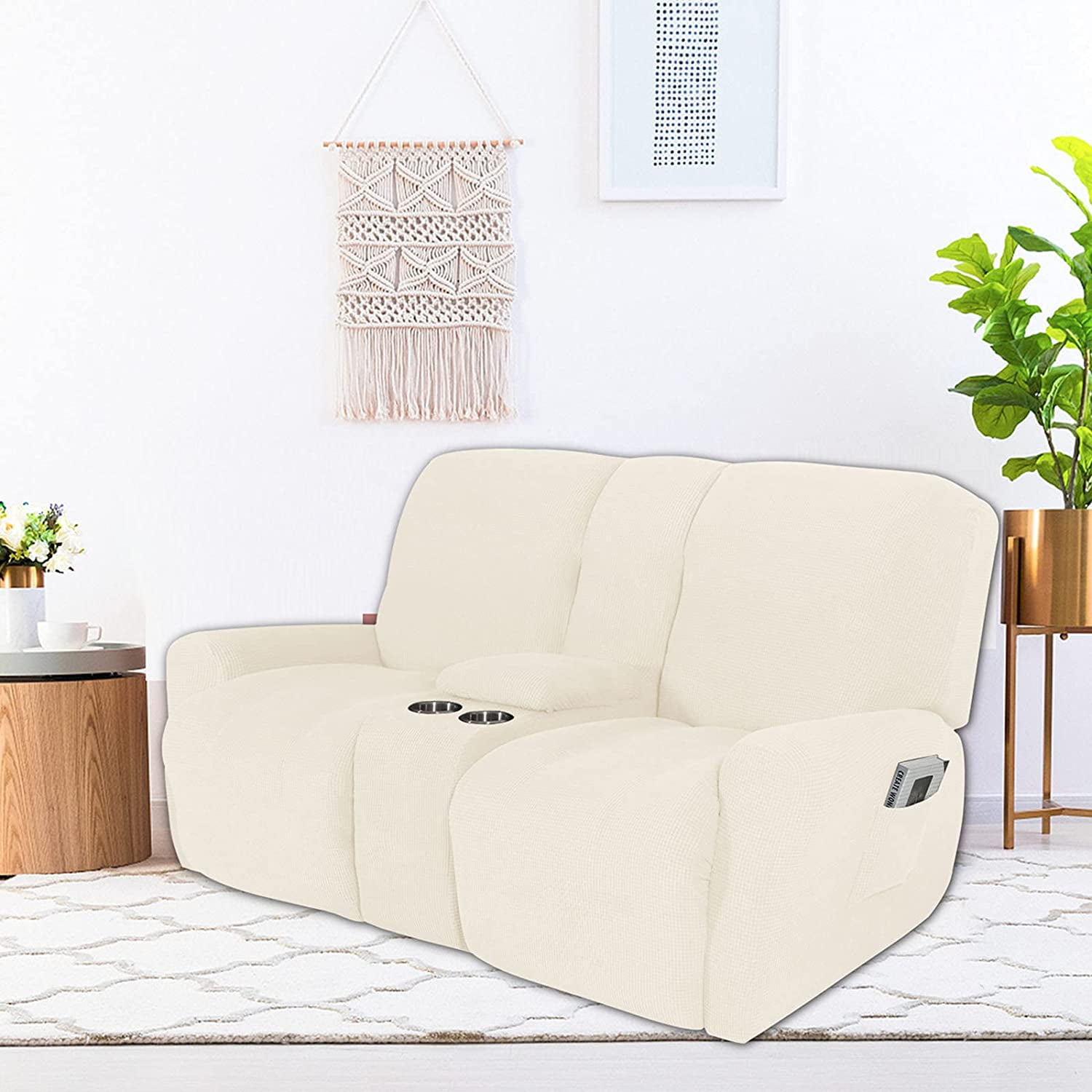 Stretch 2 Seater Recliner Sofa with Cup Holders Sofa Slipcover Sofa Cover for Loveseat Recliner with Console Slate Double Reclining Sofa Furniture
