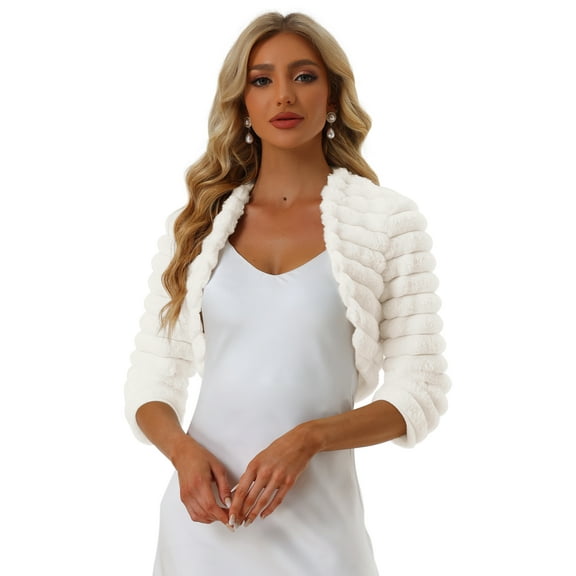 DARING DIVA Cropped Jacket Open Front Bolero Faux Fur Shrug XS White