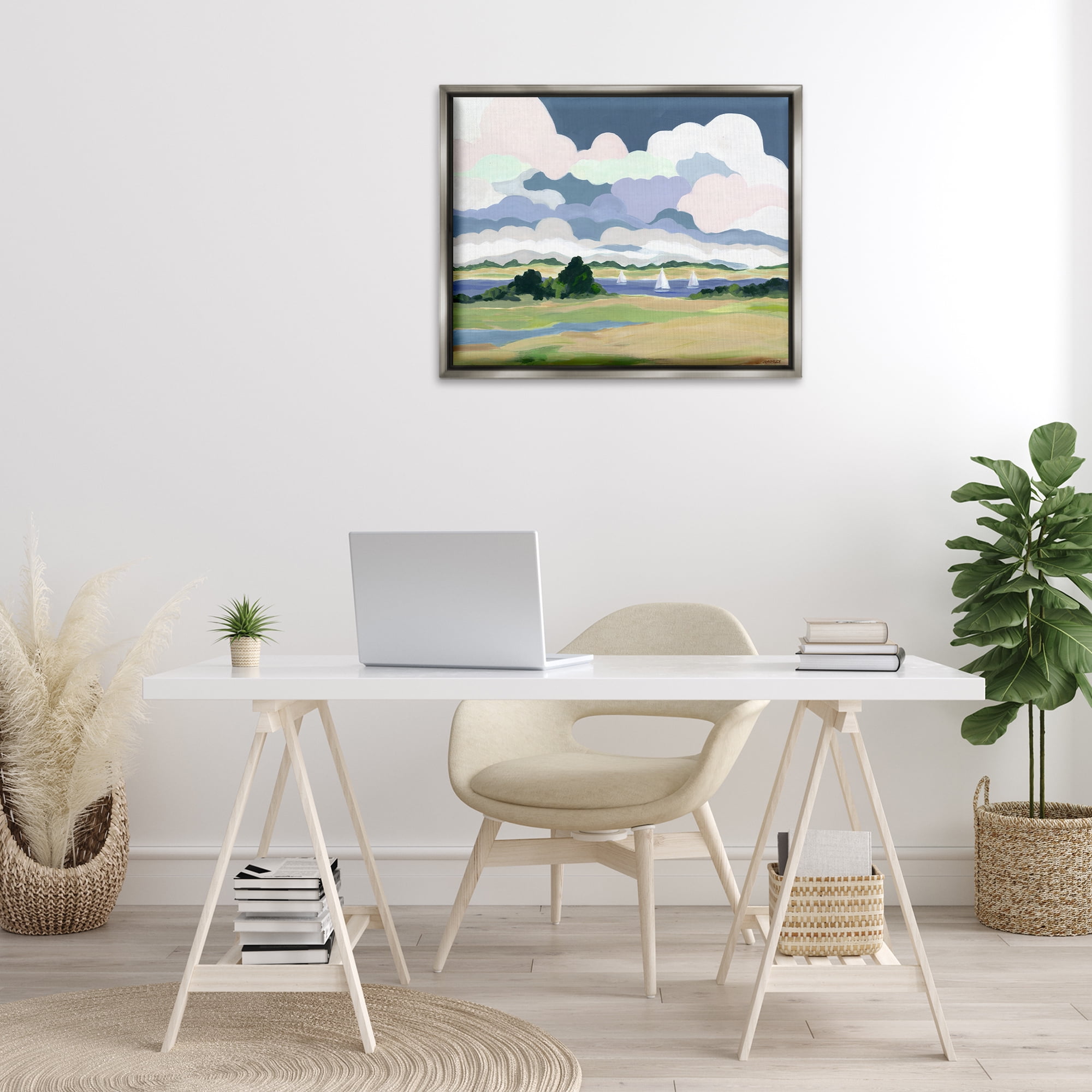 Stupell Industries Billowing Clouds Countryside Landscape & Nature Painting Gray Floater Framed Canvas Art Print Wall Art, 31 x 25
