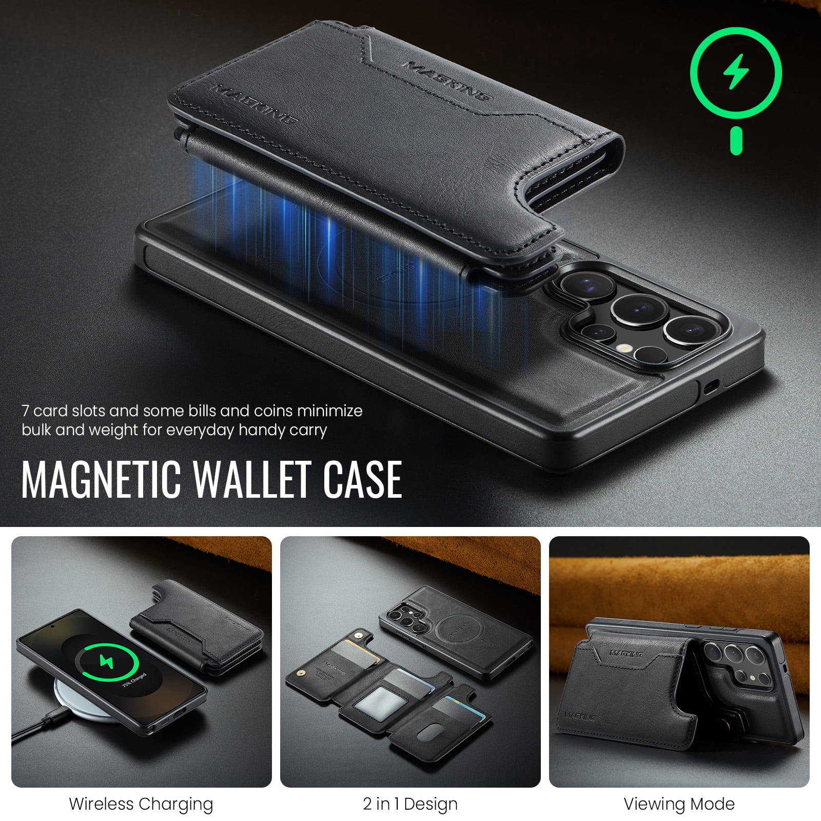Designed for Samsung Galaxy S23 Ultra Wallet Phone Case,Magnetic Detachable Flip Card Holder,Back Flip Kickstand,Compatible with Mag-Safe,2-in-1 PU Leather Heavy Duty Shockproof Phone Case,Black