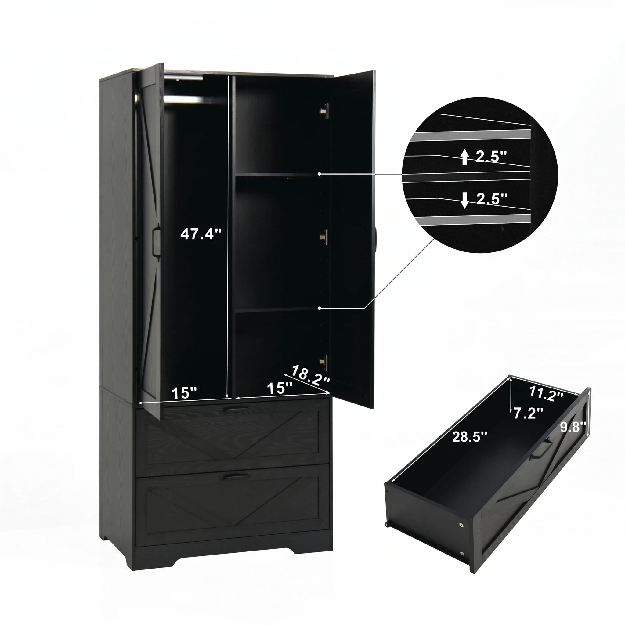 AISWORD 72" Tall Wooden Armoire Closet with Mirror Door, LED Lights, Drawers, Adjustable Shelves & Hanging Rod, Farmhouse Bedroom Storage, Black