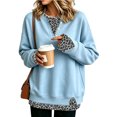 thumbnail image 2 of Women's Henley Sweatshirt Mock Two Piece Pullover Leopard Layered Long Sleeve Button Crew Neck Drop Shoulder Split Hem Loose Fit Tunic Top Blue M, 2 of 4