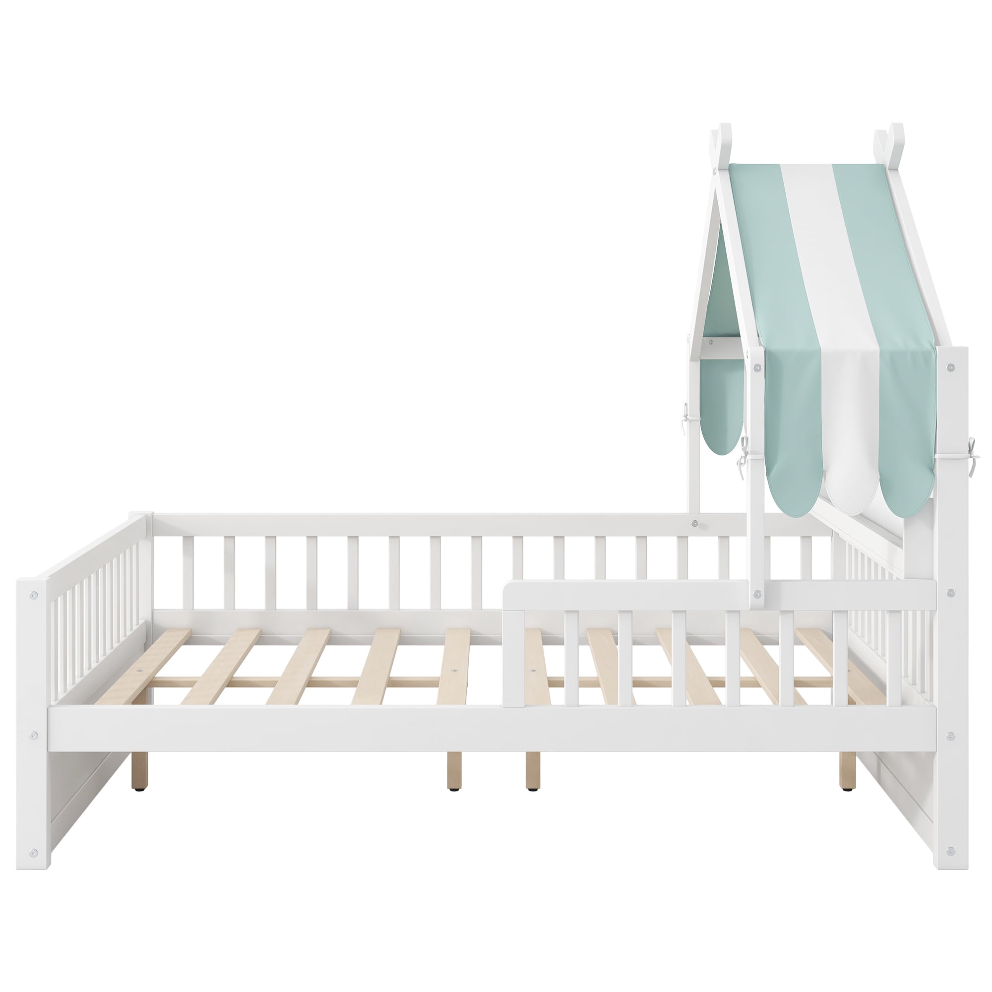 Euroco Wood Full Size Platform Bed with Storage Headboard and Canopy, White