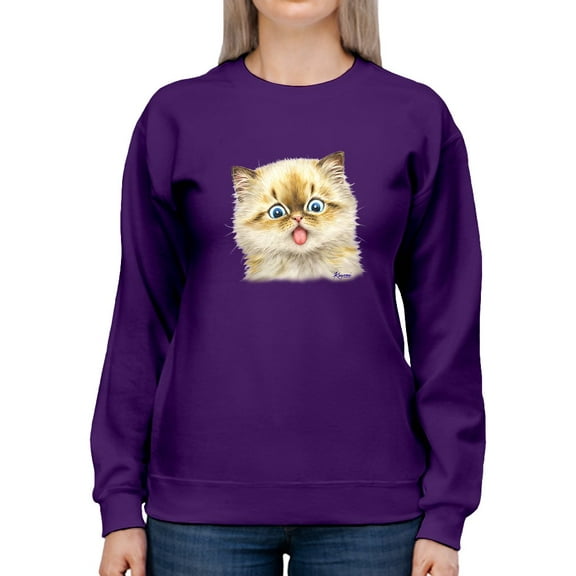 Kitten With Tongue Out Sweatshirt Women -Kayomi Harai Designs, Female Medium