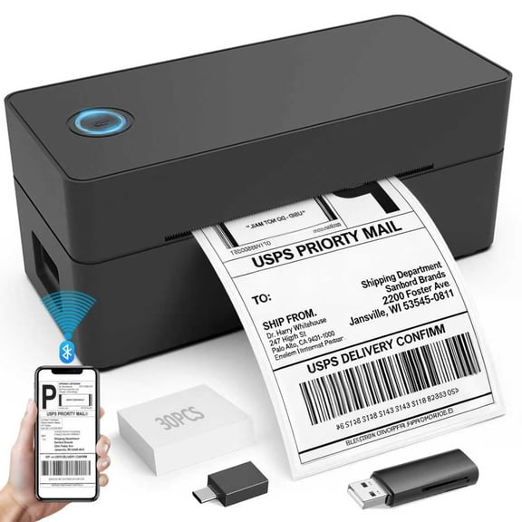Ptlahmri Professional Labels Printer for Shipping Package 4x6 Blue Inkless Thermal Printer Wired Bluetooth for iOS/Android, UPS Compatible