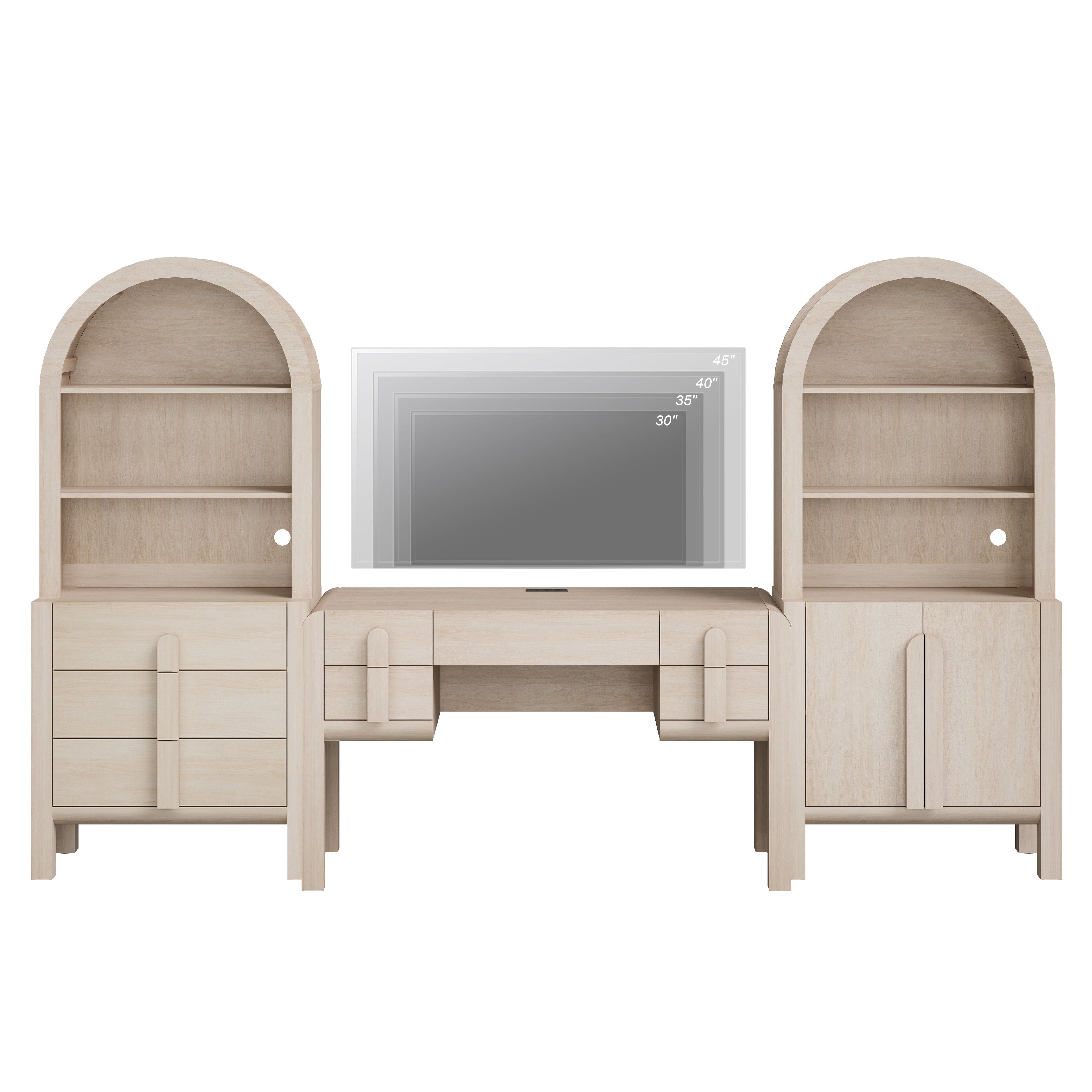 Home Office Set, 53.5" Modern Executive Desk with Charging Station and Drawers & 2 Piece 71"H Tall 3-Tier Arched Bookcases with Open Storage for Living Room, Bedroom, Home Office
