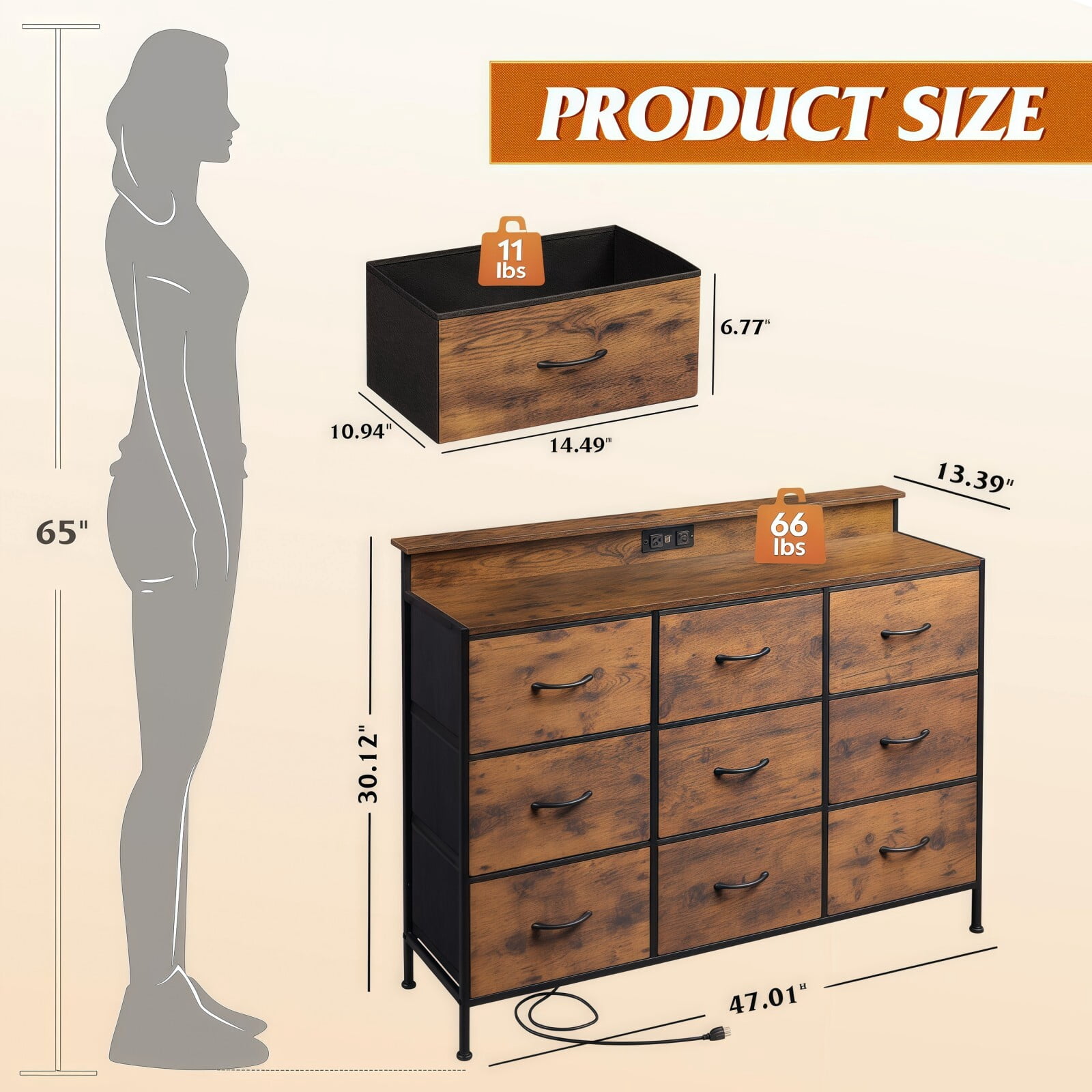 BEAUTYPEAK TV Stand Dresser with 9 Fabric Drawers LED Light AC USB-C Charging Station, Rustic Brown