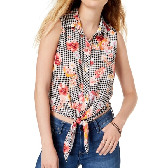 Polly Esther Juniors Tie Front Blouse Black White Gingham XL