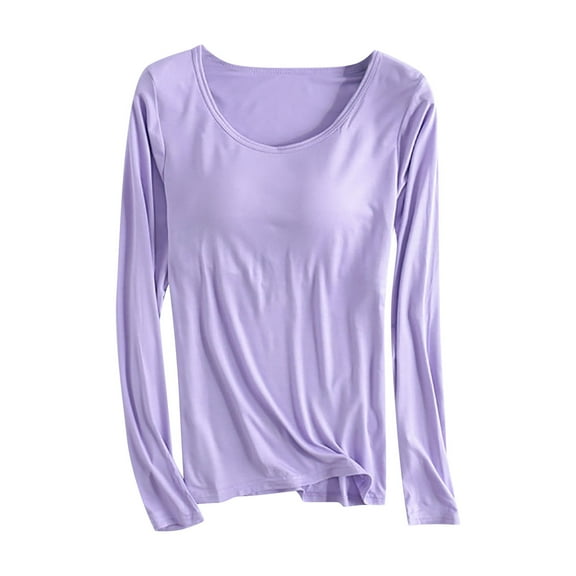 JGGSPWM Women's Solid Modal Cotton Built in Bra Scoop Neck Long Sleeve Pullover Soft Breathable Underwear Top Stretchy Tee Shirt for Fall Winter 0-A01-Purple M