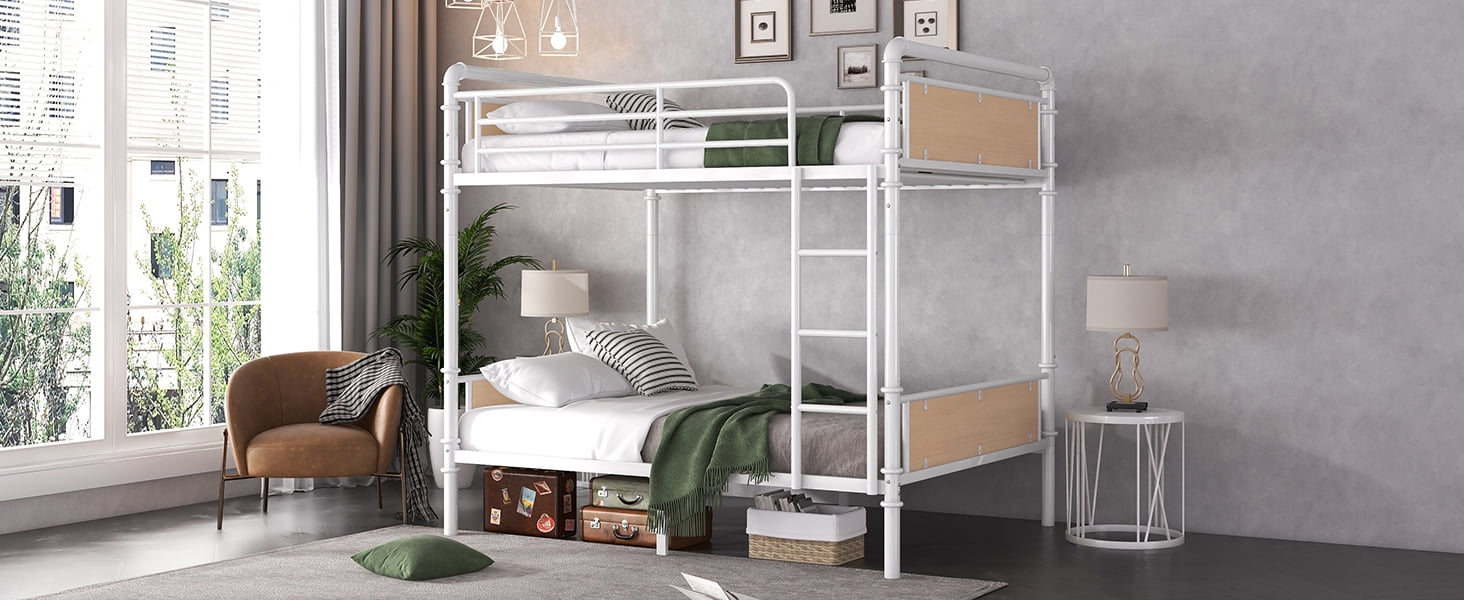 XL Bunk Bed, Twin XL Over Twin XL Metal Bunk Bed - Industrial Detachable Design with Safety Guard Rails and Wood Accent, Converts to Two Separate Beds, Under Bed Storage, Easy Assembly, White