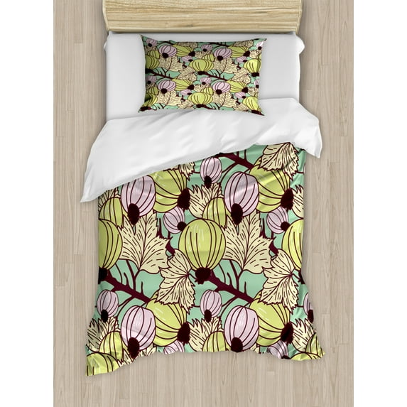 Fruit Duvet Cover Set Twin Size, Illustration of Currant Berries and Leafs on Branch in Retro Color Organic Art, Decorative 2 Piece Bedding Set with 1 Pillow Sham, Multicolor, by Ambesonne
