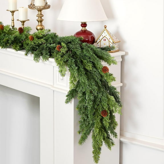Guvpev 2Pcs Christmas Garland, 6FT Artificial Cedar Garland, Realistic Cypress Pine Needle Greenery Garland with Pinecone for Mantel Table Railing Fireplace Indoor & Outdoor Christmas Decorations