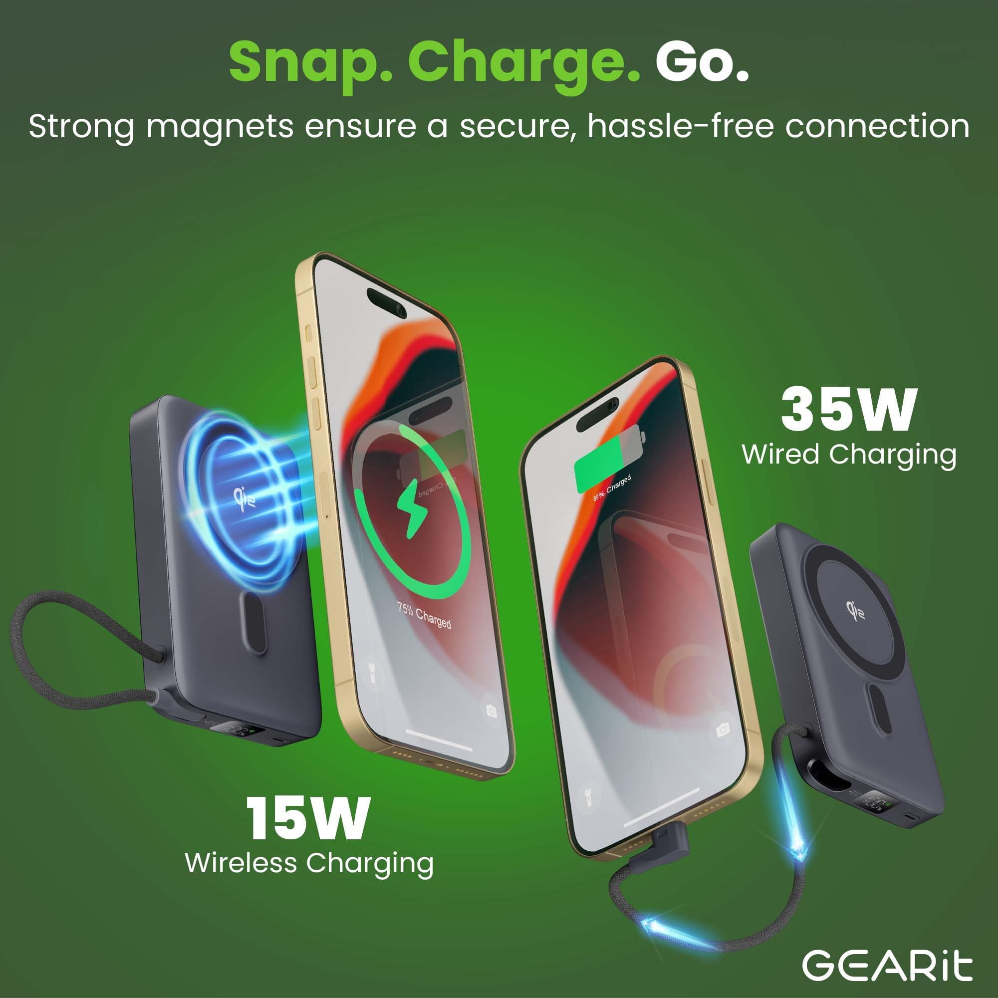 GEARit 10000mAh Qi2 Portable Charger Wireless Power Bank with Built-In USB-C Cable Compact Battery Pack for iPhone & Android