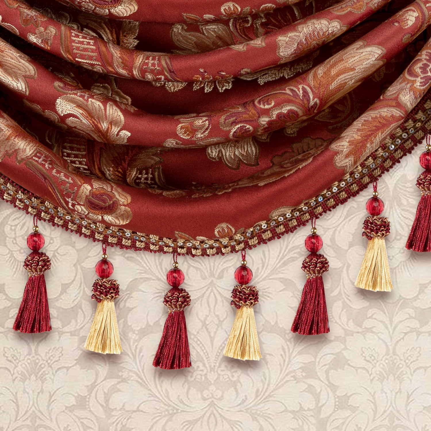 VOGOL Burgundy Damask Valance, Ultra Wide Swag Curtains with Beads 110x43 Inches for Bedroom
