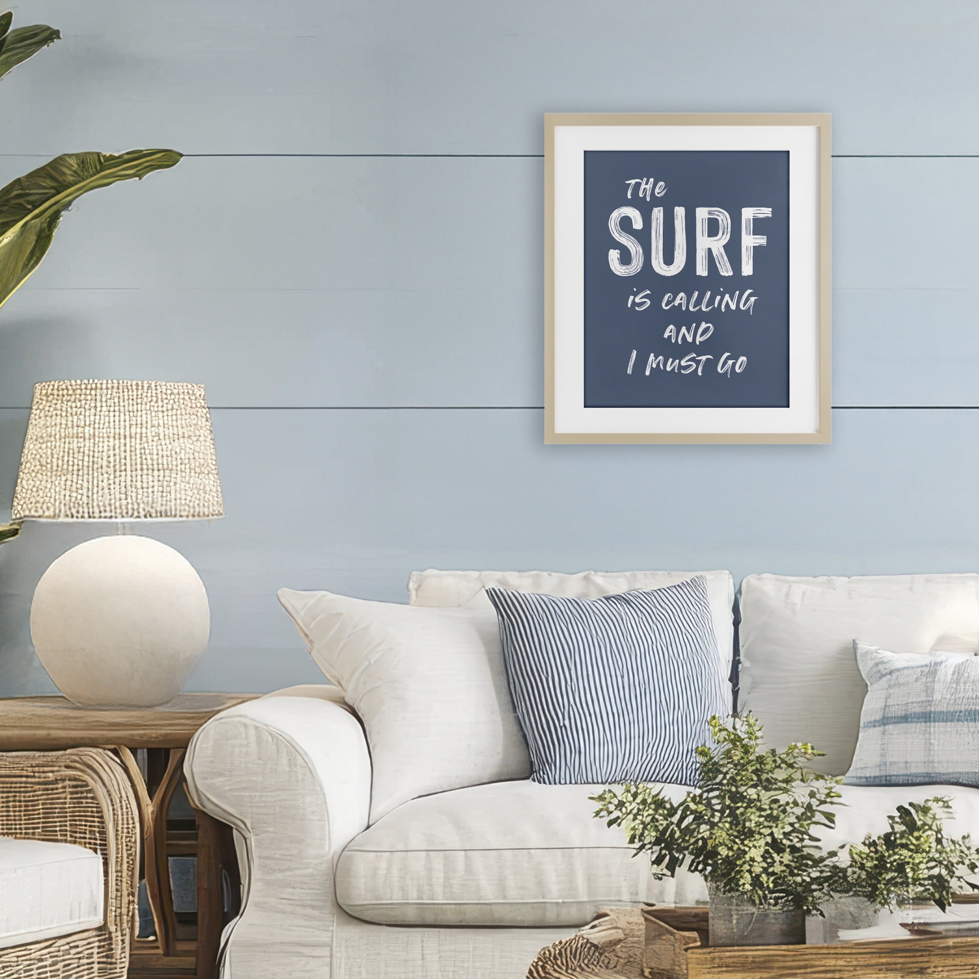 Surf Is Calling Must Go Birch Framed Print Under Glass, design by Lettered and Lined