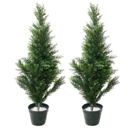 34 Inch Artificial Cedar – Large Faux Potted Evergreen Plant for Indoor or Outdoor Decoration at Home or Office by Pure Garden (Set of
