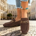 thumbnail image 3 of Women's Vintage Suede Ballet Flat Shoes Chunky Low Heel Slip On Loafers Square Toe Non Slip Dress Shoes with Metal Chain Brown Size 6, 3 of 8