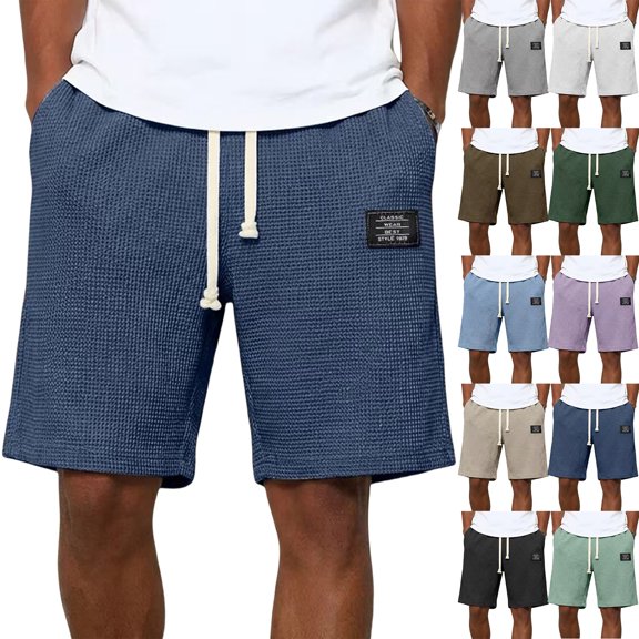 Mens Swim Trunks Men's Casual Waffle Weave Drawstring Shorts Textured Comfortable Crop Pants with Elastic Waist Pockets Summer Lounge Daily Beach Shorts for Home Vacation Black L