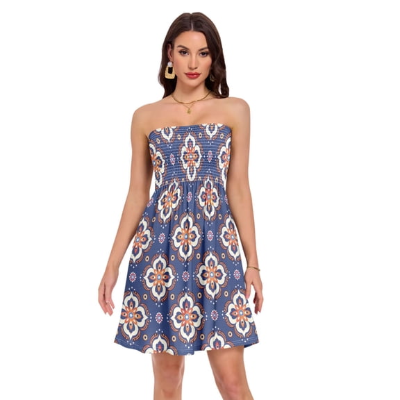 Dailycode Summer Dresses for Women Strapless Casual Beach Cover Ups Folk Art Arabesque Tube Top Sundress