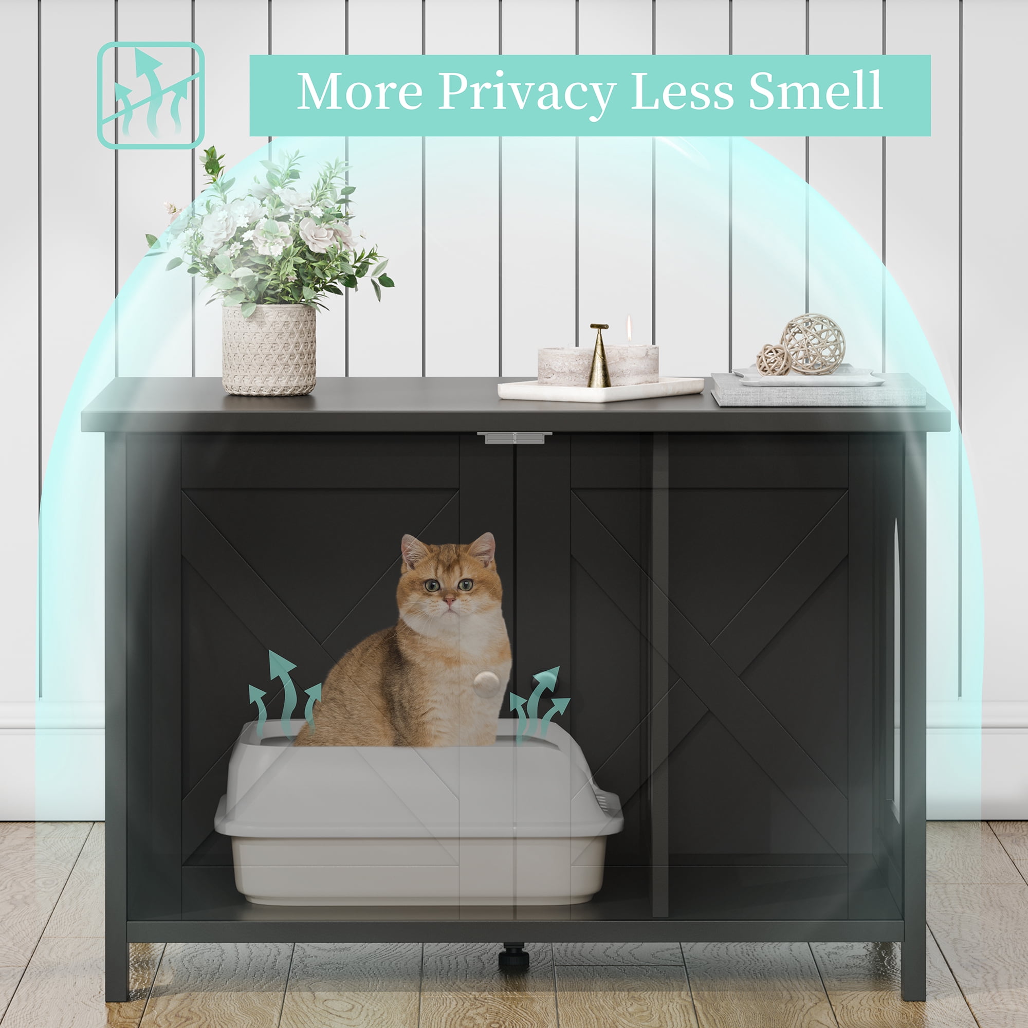 Walsunny Hidden Cat Litter Box Cat Washroom with Double Removable doors and Divider Indoor for Living Room Black
