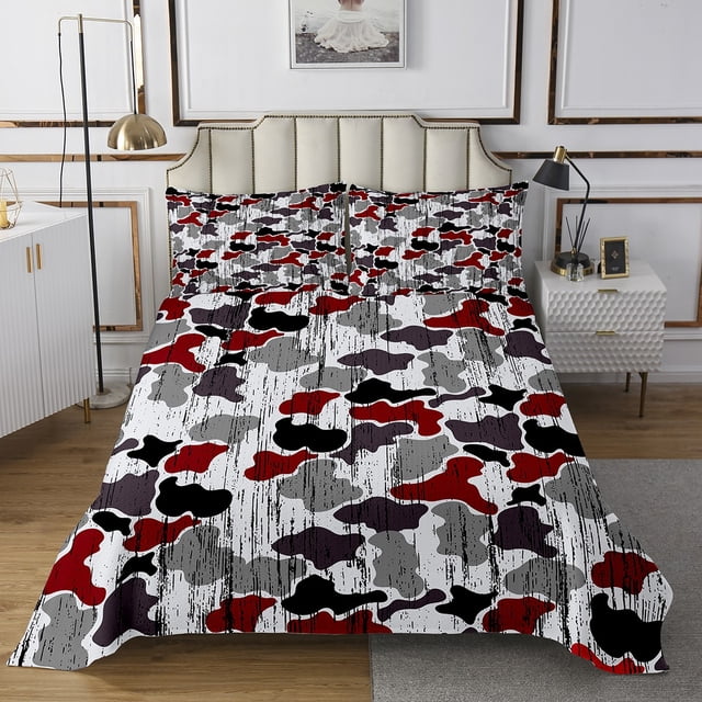 Erosebridal Gray Red Camouflage Coverlet Set Queen, Modern Geometric Bedding Set, Military Theme Room Decor 3 Pieces
