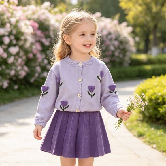 xaweyi Little Girls Embroidery Long‑Sleeve Top & Pleated Skirt 2‑Piece Dressy Outfit Set for Fall Casual Party Wear Size 5 Years