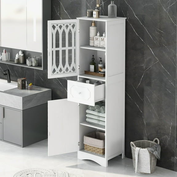 63.8 inch Tall Bathroom Cabinet Freestanding Storage Tower with Drawer and Doors Adjustable Shelf Narrow Cabinet