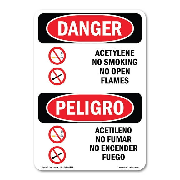 OSHA Danger Sign - Acetylene No Smoking No Open Flame Bilingual | Decal | Protect Your Business, Construction Site, Shop Area |  Made in The USA