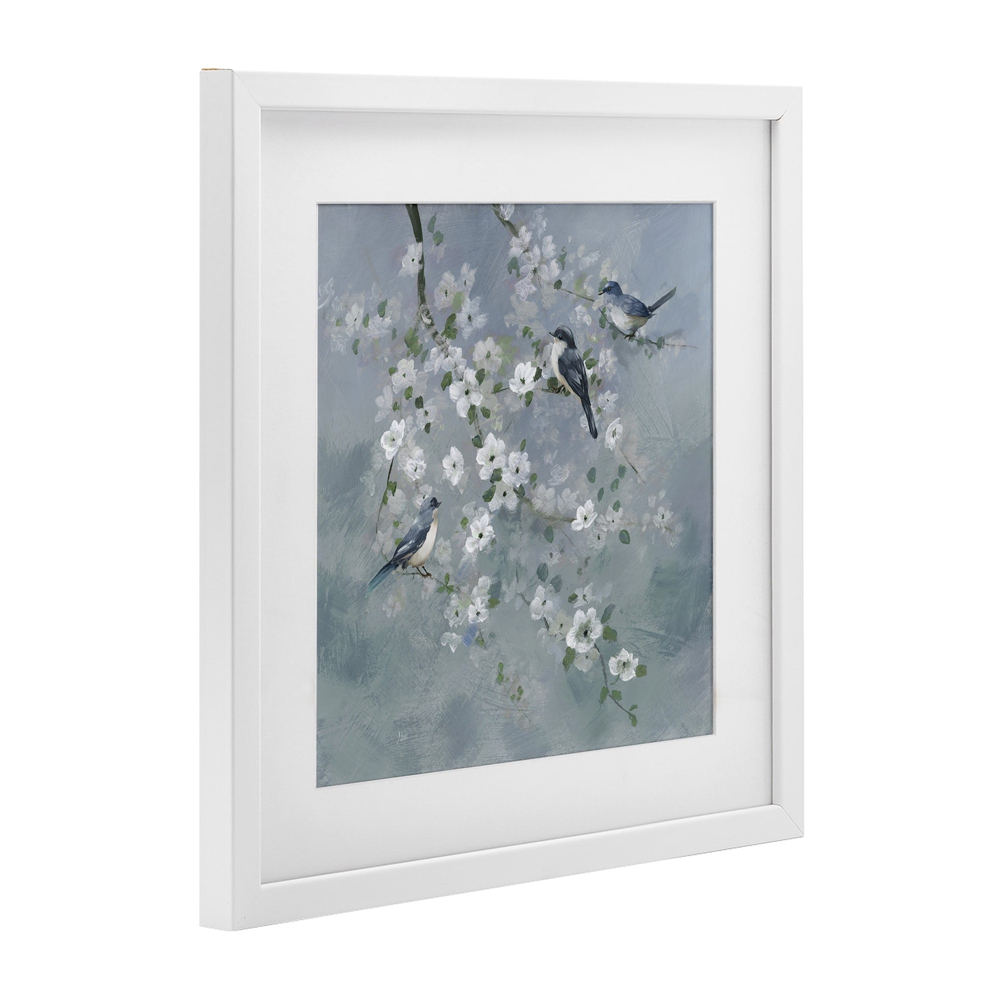 Stupell Industries Serene Birds on White Blooms White Framed Print Under Glass, design by Nan
