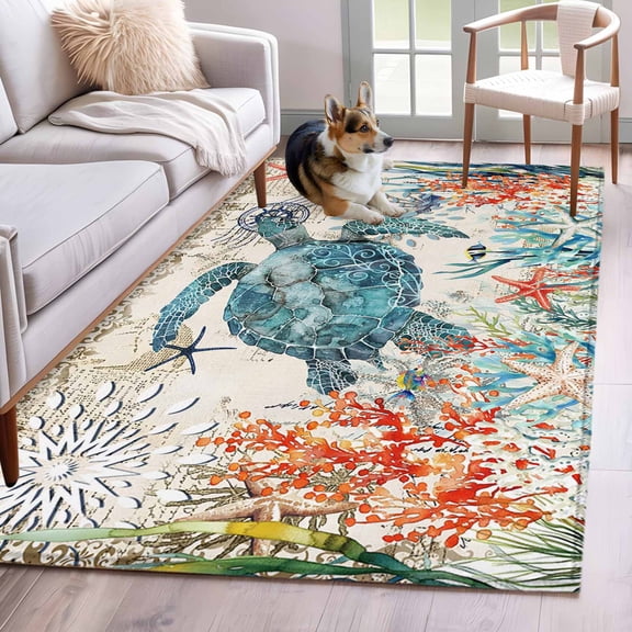 Area Rug 3'x5', Sea Turtle Coastal Non-slip Runner Rug Carpet for Bedside, Vintage Beach Coral Starfish Nautical Washable Outdoor Indoor Area Rugs Mat for Entryway/Living Room/Bedroom/Kitchen/Office