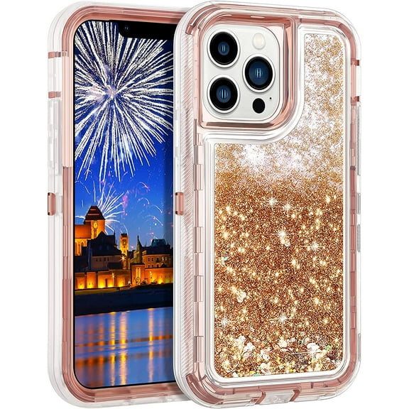 Entronix Heavy Duty Liquid Glitter Case for iPhone 12 Pro Max, Shockproof Soft TPU Cover Rose