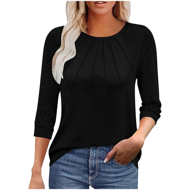 Olyvenn T-Shirts pour Femmes à Manches 3/4, Décontractés d'Été, Tendance, T-Shirt à Oeillets Plissé, Col Ras du Cou, Tunique à Manches Trois Quarts, Blouse Noire G