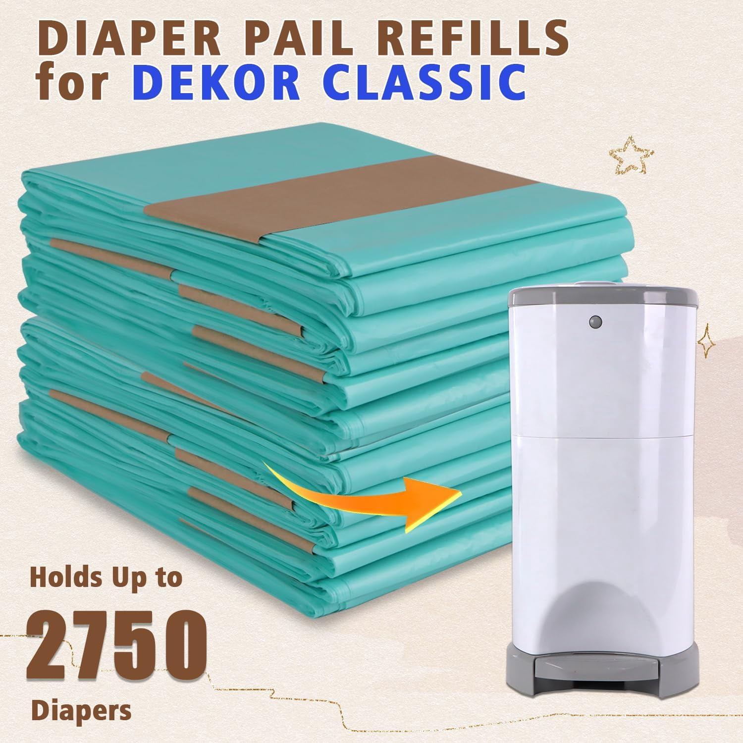 Refills Compatible with DEKOR CLASSIC Diaper Pails/5 Pack/Versatile and Functional/Suitable for Seniors and Infants/Baby Powder Fragrance/Holds up to 2750 Diapers