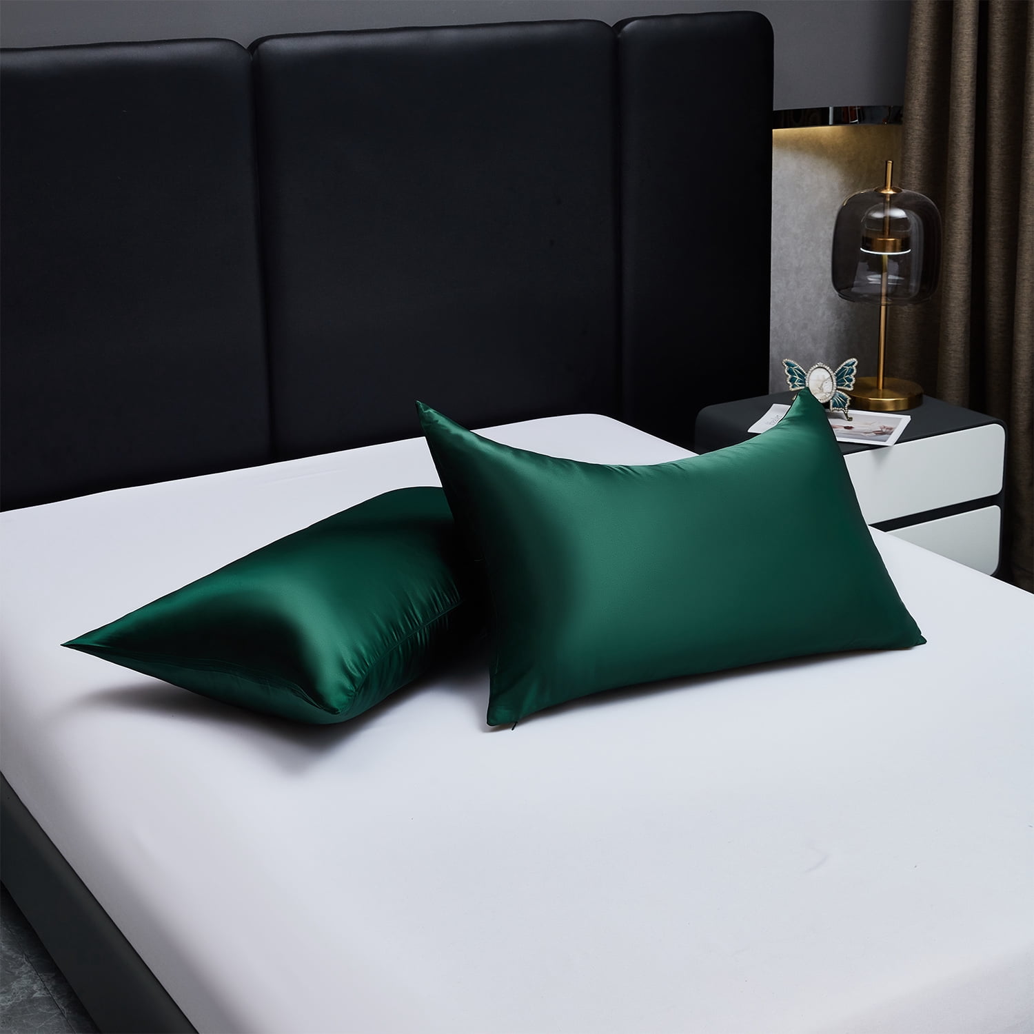 HIG Cooling Curved Pillow Cases 2 Pack Queen - Silky Soft Stretch Satin Pillow Shams, Dark Green - 20x30 Inches