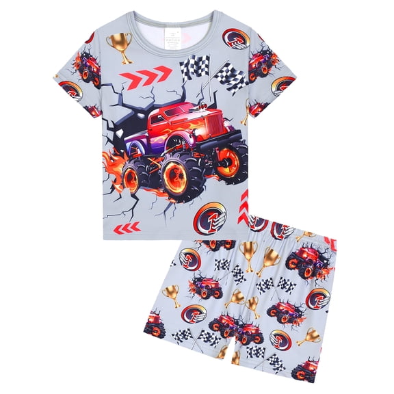 WIBACKER 3-12Years Kids Boys 2-Piece Pajamas 3D Truck Printed Short Sleeve Cool Summer PJ Set Toddler Sleepwear