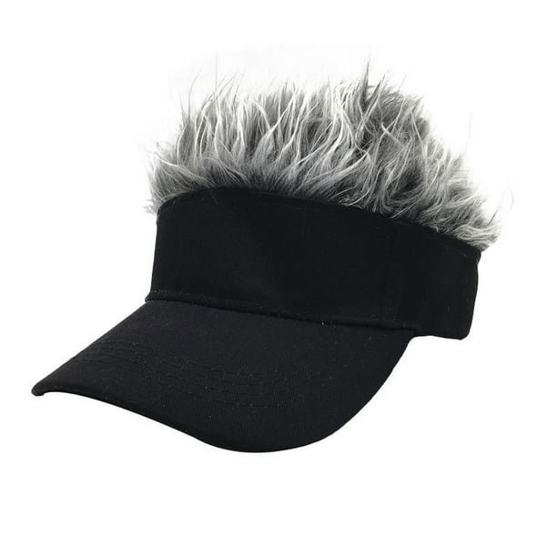 Zhuge Sombrero para el sol novedoso con peluca con visera, gorra de béisbol ajustable (negro + gris plateado)